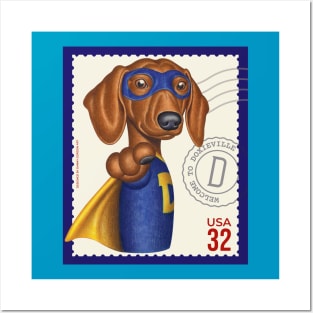 Superhero Doxie in cute blue suit with yellow accessories Posters and Art